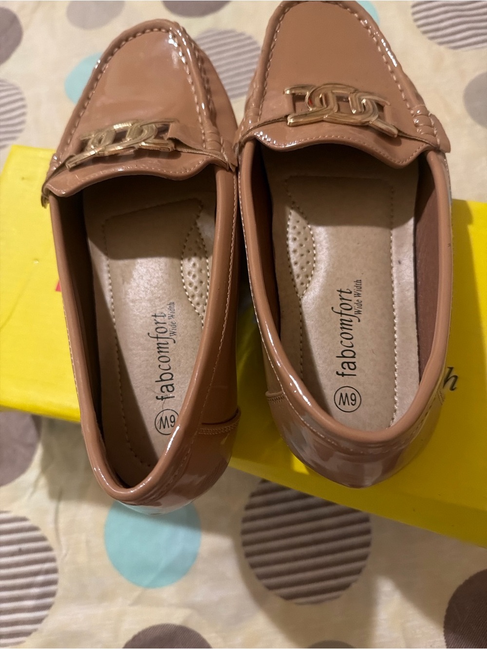 FabComfort Women's Tan Patent Slip-On Loafers with Gold Chain Accent